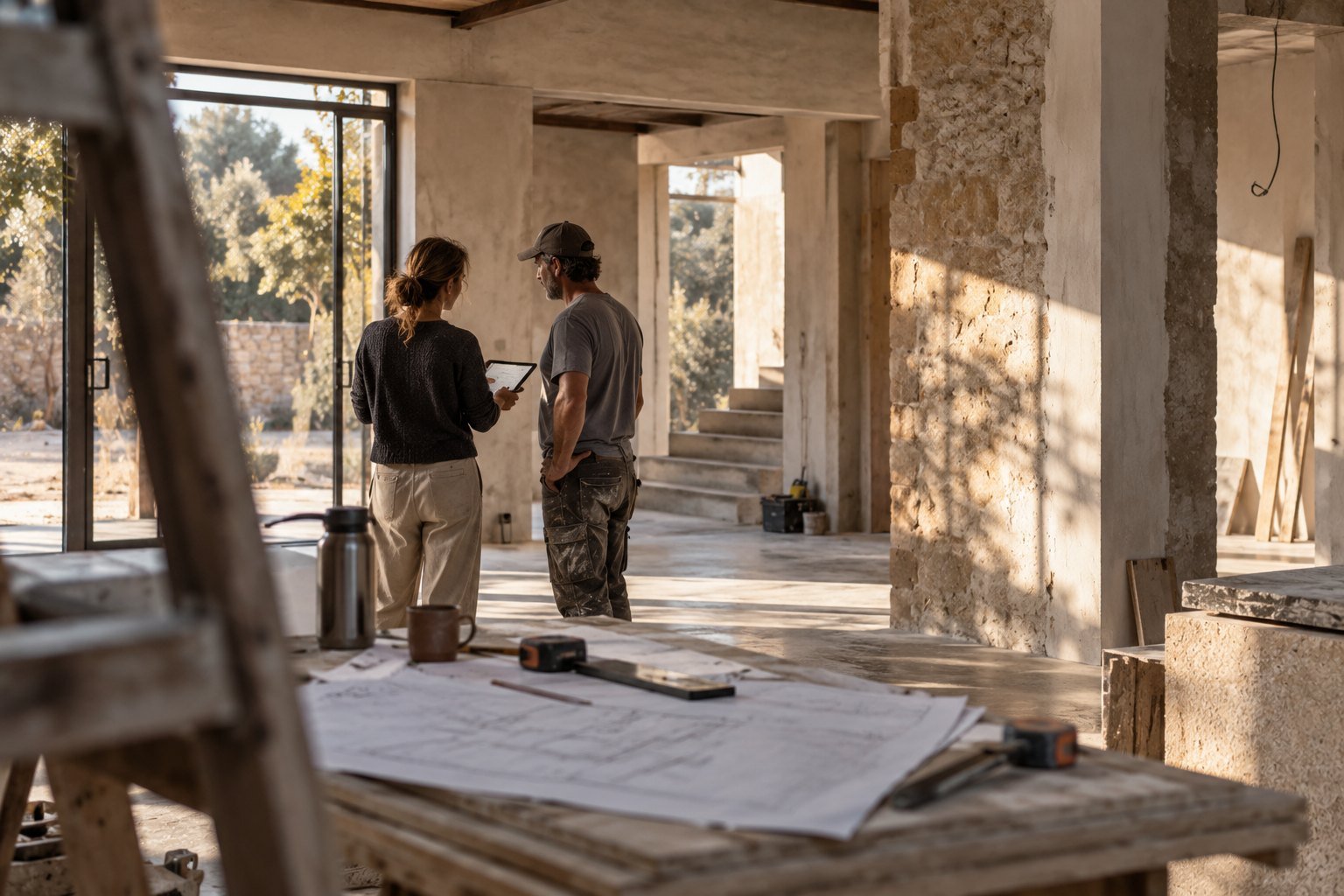 Deux personnes échangent devant la baie d’une maison en chantier, plans posés sur une table.