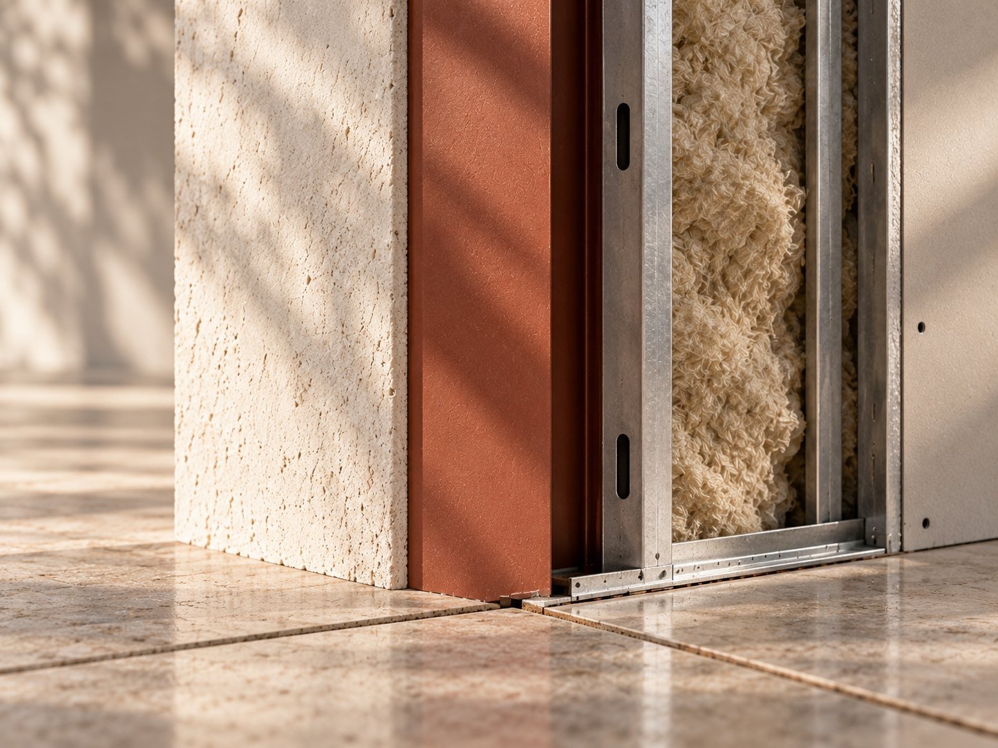 Coupe d’une cloison en travaux : pierre, terre cuite, ossature métallique et isolant.