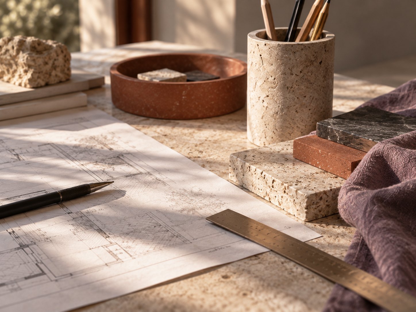 Plan de détail, crayon et échantillons de pierre sur un plan de travail.
