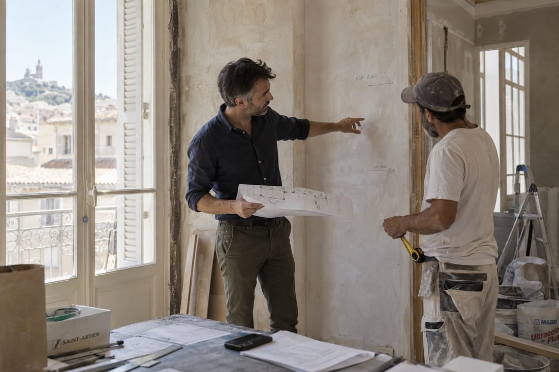Un architecte, plan à la main, relève avec un artisan les cotes tracées sur un mur, dans un appartement en travaux.